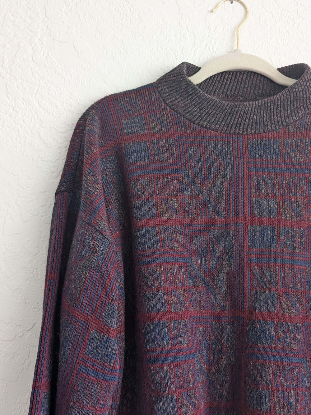 Men's Crewneck Sweater in Burgundy and Navy Geometric Knit